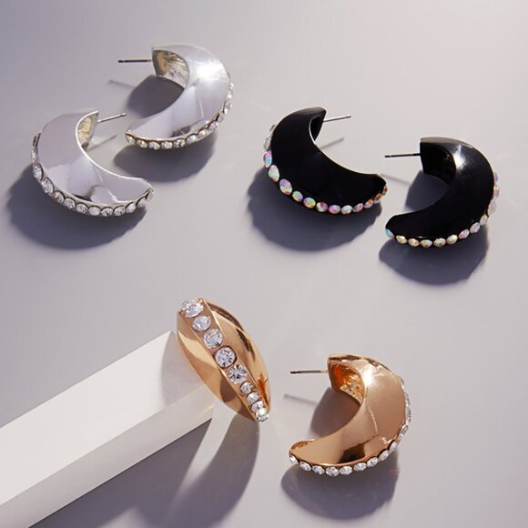 NEW Center Rhinestone Accented Chunky Crescent Half Hoop Glamcore Bling Earrings - Picture 1 of 6